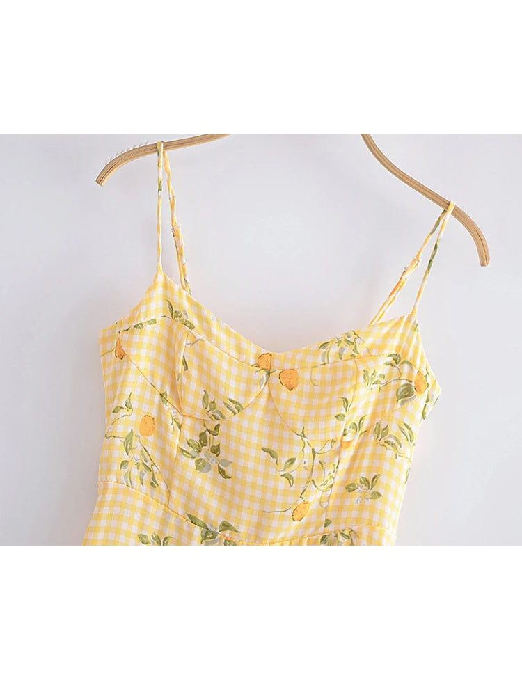Aiertu  Summer Women French Style Prairie Chic Plaid Flower Print Sexy Sling Dress Vintage Ladies A-line Short Chiffon Sundress Aiertu