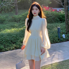 Aiertu French White Chiffon Maxi Dresses for Women Elegant Sleeve Slim Puff Sleeve bodycon Dress Gentle Fairy Short Dress Summer Aiertu