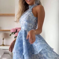 AIERTU  -  Elegant Printed Summer Dress New Style Women's Fashion Neck Hanging Belted Sleeveless Gown for Daily Wear Aiertu