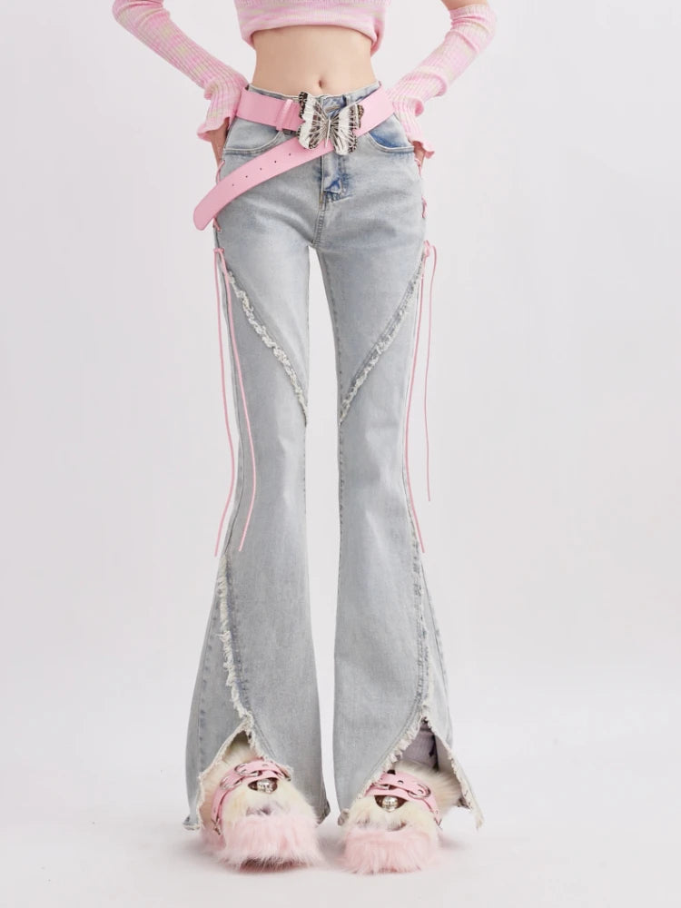Aiertu Summer Denim Vintage Sweet Pants Women Slim Lace-up Korean Casual Flare Pants Female Japanese France Elegant Open Fork Jeans New Aiertu