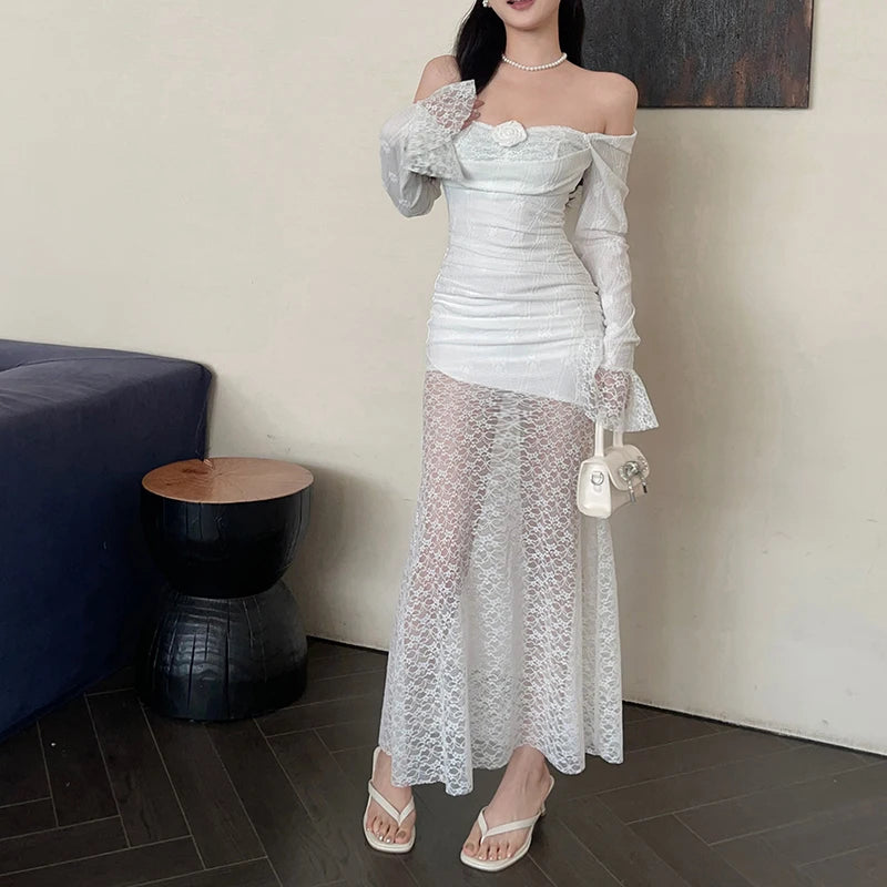 Aiertu Women's Elegant Dresses 2024 Spring New Pure Color Temperament Slim Fairy Style Lace Splicing Design Dresses Aiertu