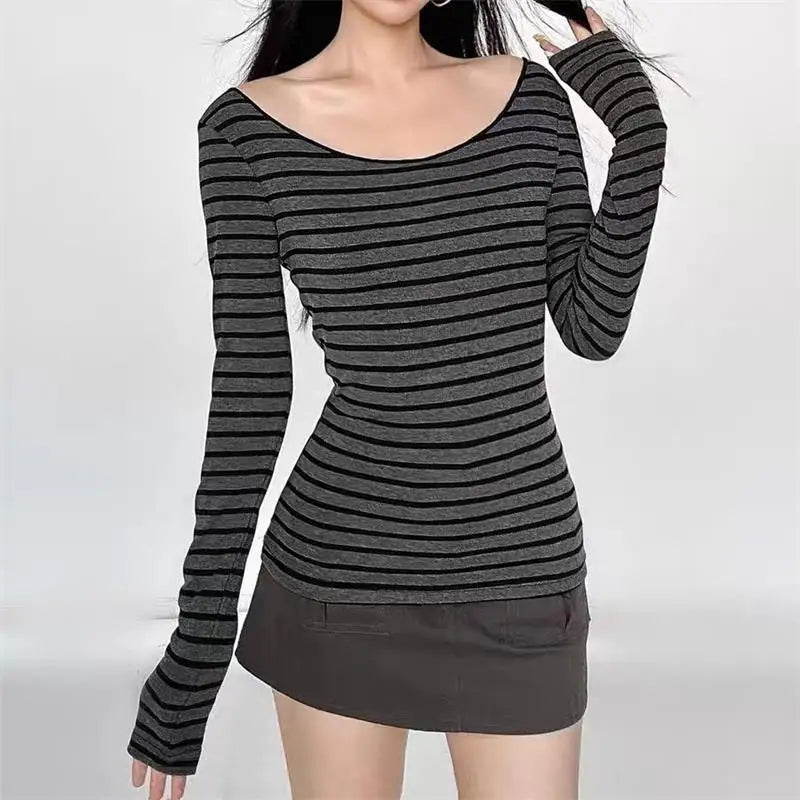 Aiertu Y2K Grunge Emo 00s Vintage T-Shirt Black Grey Striped Off Shoulder Long Sleeve Jumper Top Chic Women Autumn Retro Goth Tee Shirt aiertu