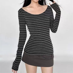Aiertu Y2K Grunge Emo 00s Vintage T-Shirt Black Grey Striped Off Shoulder Long Sleeve Jumper Top Chic Women Autumn Retro Goth Tee Shirt aiertu