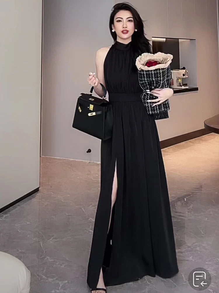 Aiertu Black Sexy Club Pleated Halter Split Dress Women 2024 Fashion Sleeveless Summer Lace Up High Waist Birthday Evening Party Dress Aiertu