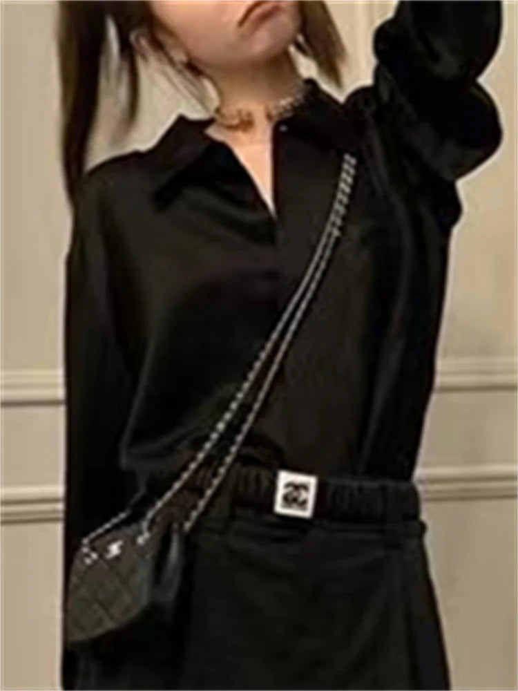 Aiertu Satin Women Sirt Spring Summer New Korean Fashion Turn Down Collar Long Sleeve Oversized Blouse Ladies Casual Top Aiertu