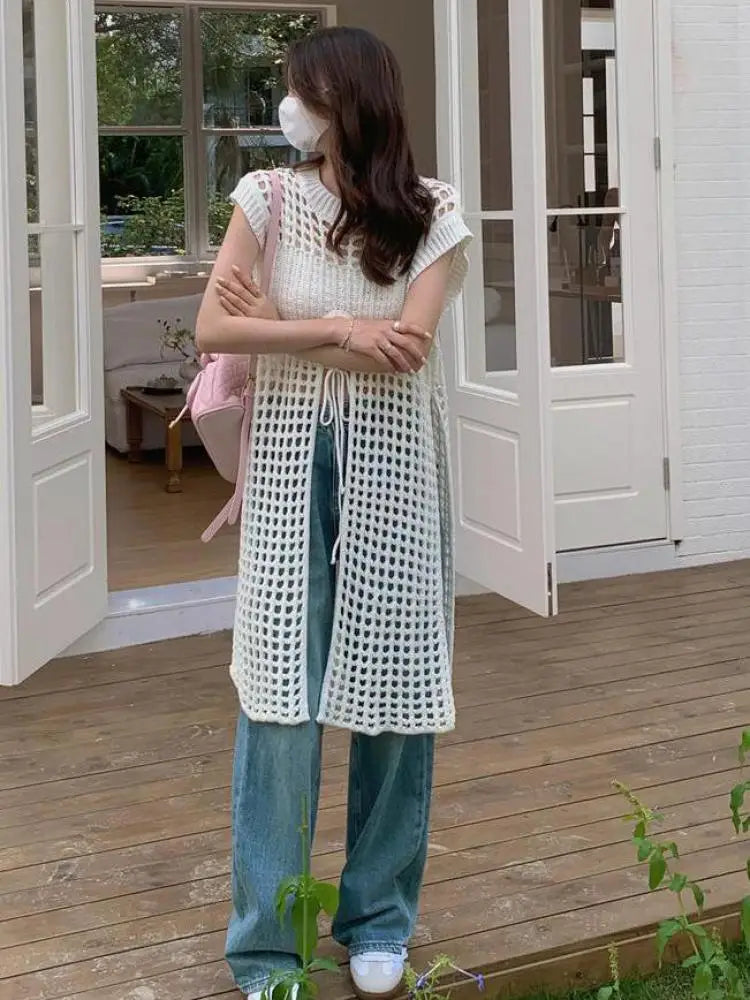 Aiertu Retro Niche Folded Wear Hollowed Out Knitted Mesh White Dress Summer Design Sense Loose Sundress Smock Can Be Worn Double-sided Aiertu