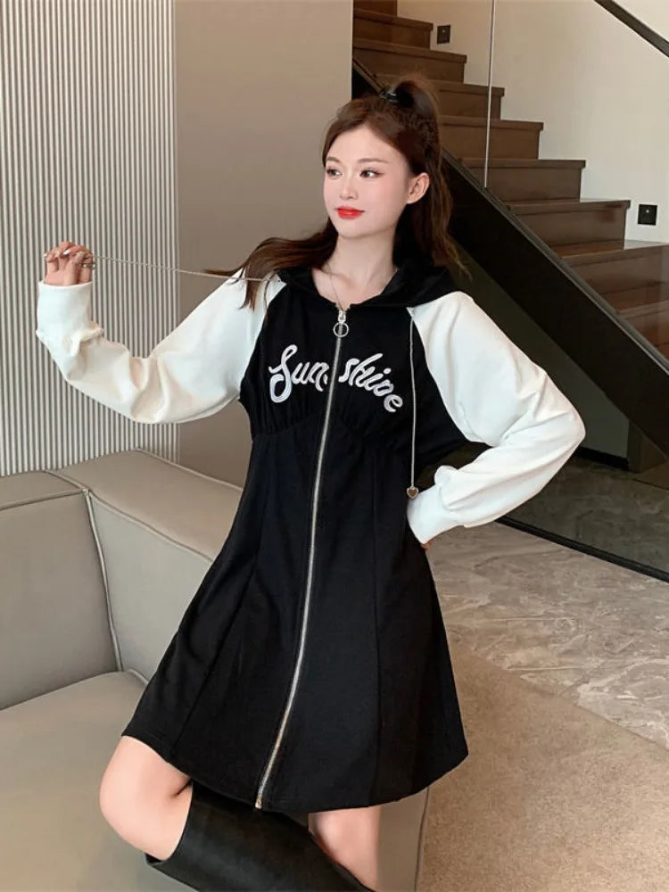 Aiertu Korean Style Oversize Hooded Dress Women Preppy Style School Student Casual Letter Sport Mini Short Dresses Autumn Aiertu