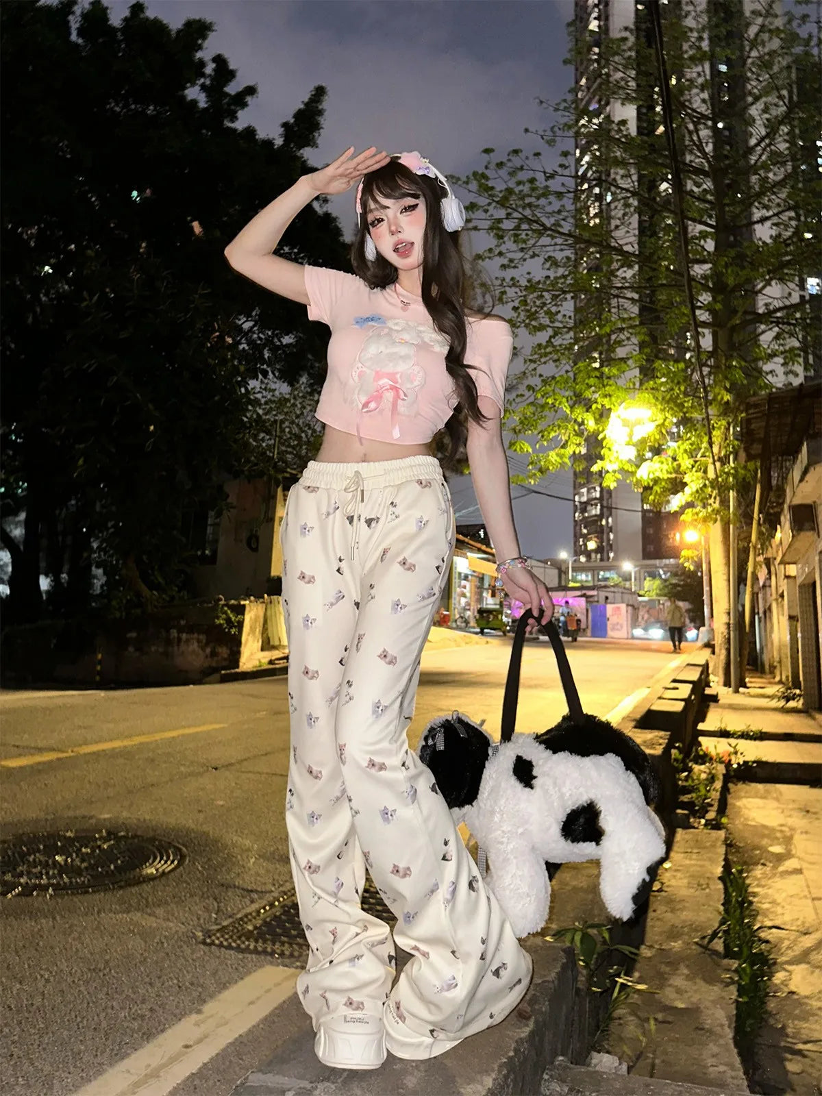 Aiertu Cat print slim casual pants Aiertu
