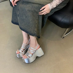Aiertu Silver Wedge Sandals Women Platform Shoes Black Belt High Heels Gladiator Chunky Heeled  Summer Wedges Aiertu