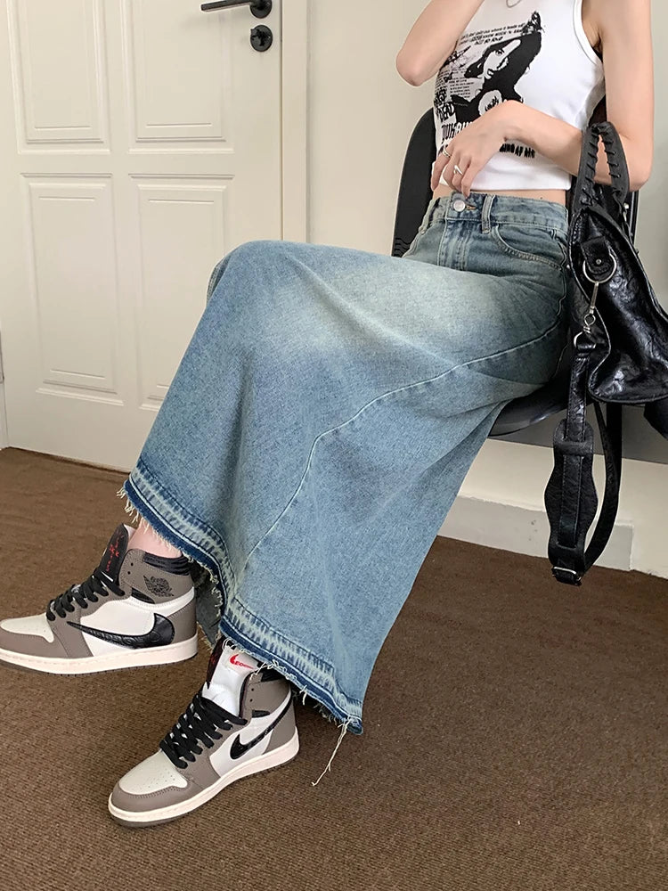 Aiertu Y2k Raw Edge Stitch Maxi Denim Skirt Plain Casual High Waist Long Jeans Skirt Korean Retro Women Streetwear Aiertu
