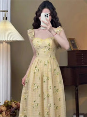 Aiertu French Floral Printed Midi Dresses for Women Summer New Holiday Beach Style Spaghetti Strap Party Dress Prom Robe Aiertu