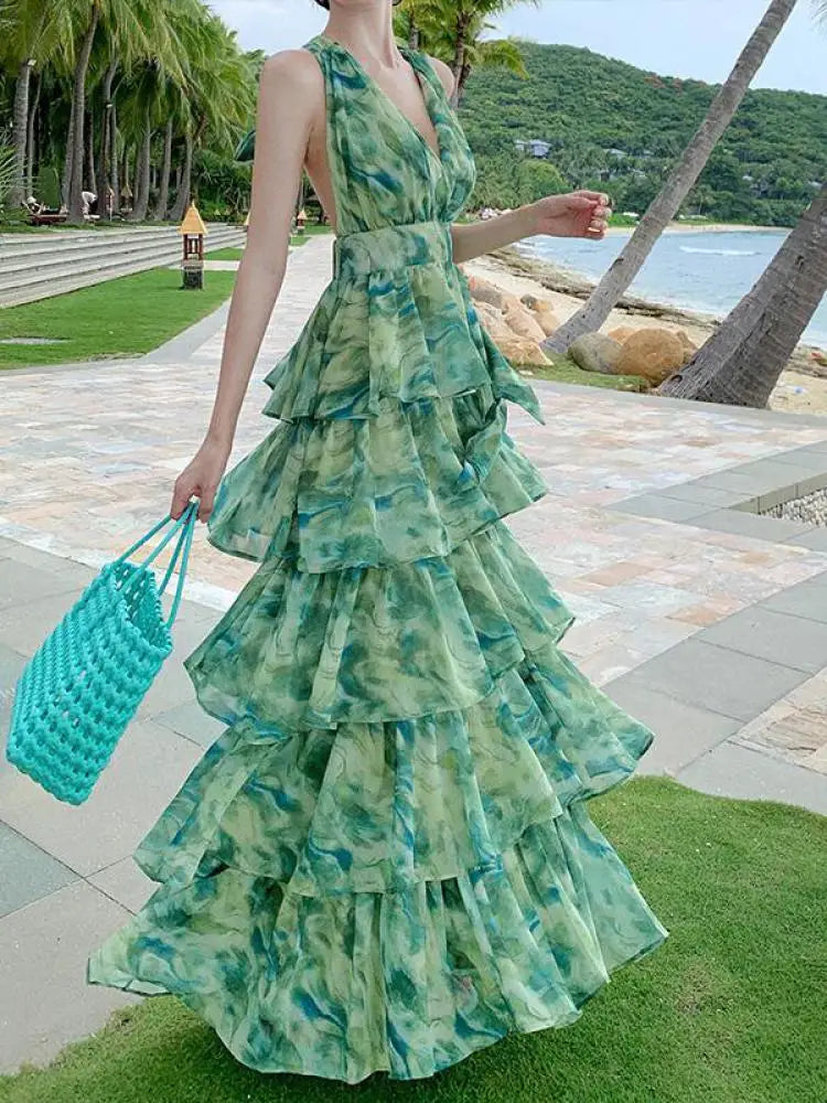 Aiertu Summer Green Tie Dye Sleeveless Halter Bandage Holiday Dress Women Temperament Slim Fashion Sweet Cake Long Dress 2023 Bohemian Aiertu