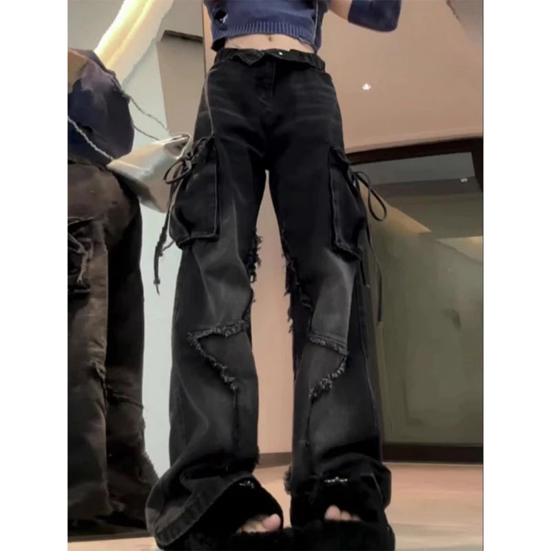 Aiertu Women's Black Gothic Baggy Cargo Jeans with Star Harajuku Y2k 90s Aesthetic Denim Trousers Emo 2000s Jean Pants Vintage Clothes Aiertu