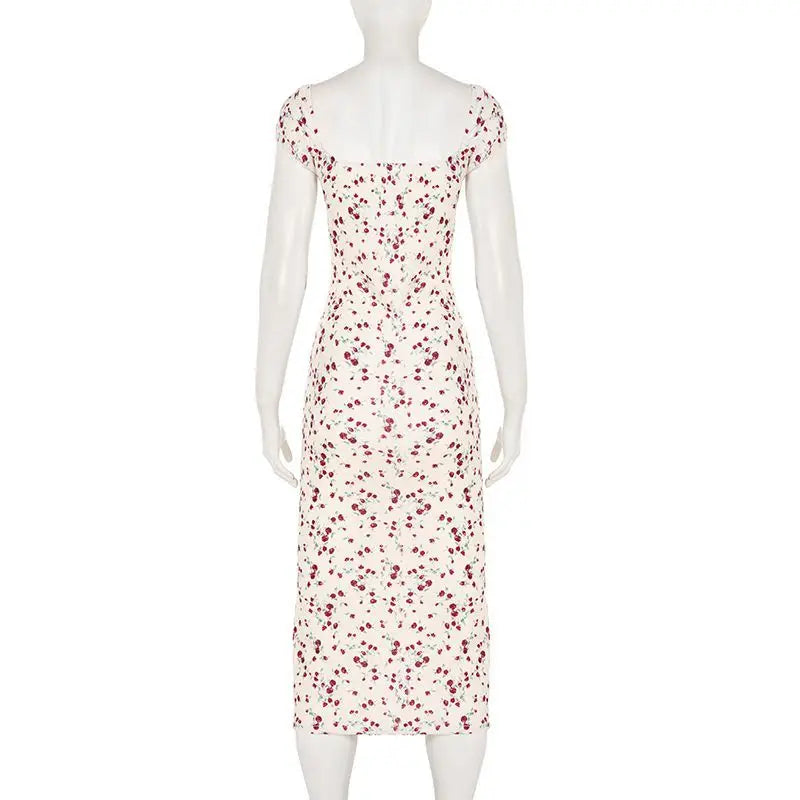 AIERTU  -  French Retro Rose Floral Dress with Waist and Thin Folds Pure Lust Sweet and Spicy Temperament Long Dress Aiertu