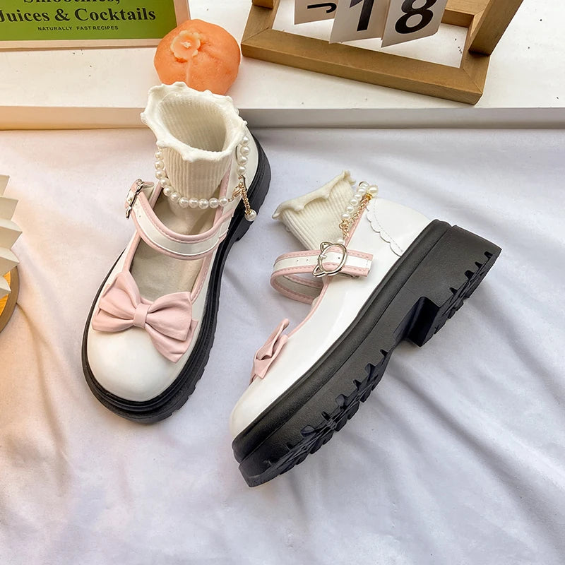 Aiertu Summer Female Shoes Fashion Mary Jane Shoes Round Head Band Heel Shoes Women Bow Pearl Square Heel Low-top Pumps Aiertu