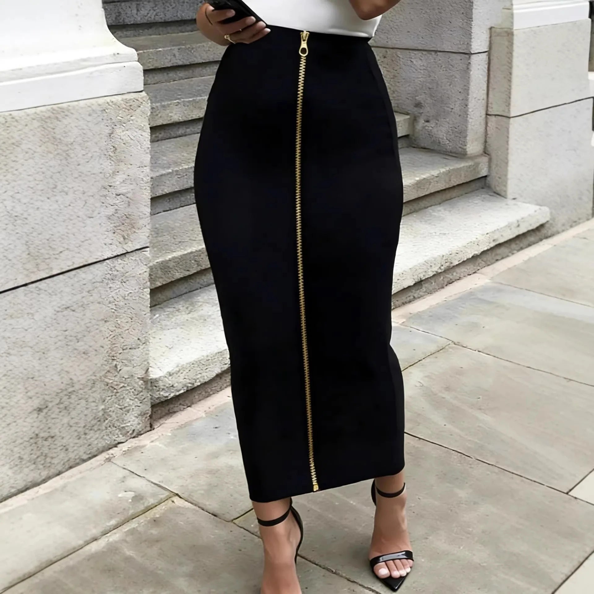 AIERTU  -  Fashionable High-Waist One-Piece Pencil Skirt Midi Skirt Solid Color Elegant Commute Style Medium Stretch Polyester Fabric Aiertu
