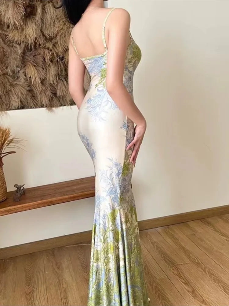 Aiertu Fashion New Women Summer Bodycon Slim Long Dress Sleeveless Casual Floral Vintage Fishtail Vestidos Female Party Clothes Robe Aiertu