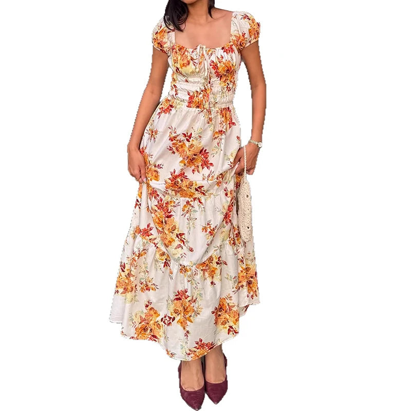 AIERTU  -  Floral Print Long Dress Women Y2K Square Neck Waist Cinching Spring European American Gentle Pastoral Style Maxi Dress Aiertu