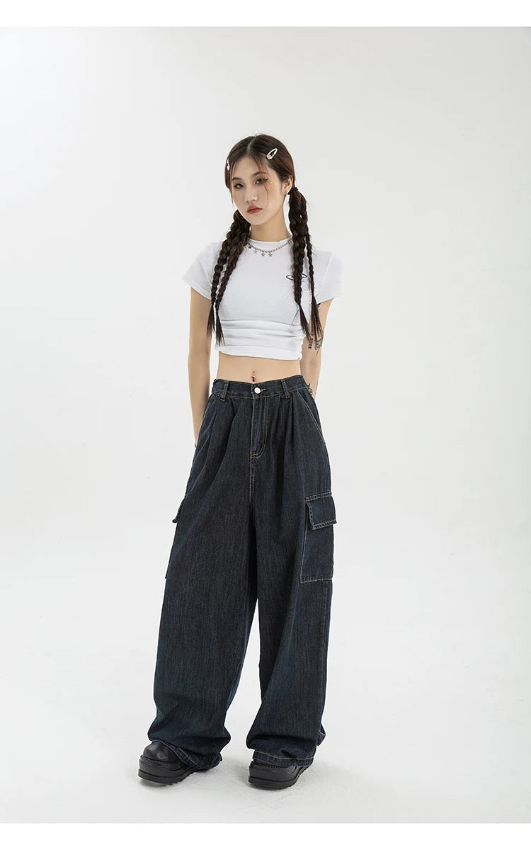 Aiertu Autumn Women Harajuku Cargo Baggy Blue Jeans Streetwear Hip Hop Oversize Casual Wide Leg Vintage Demin Pants Y2k Loose Trousers Aiertu