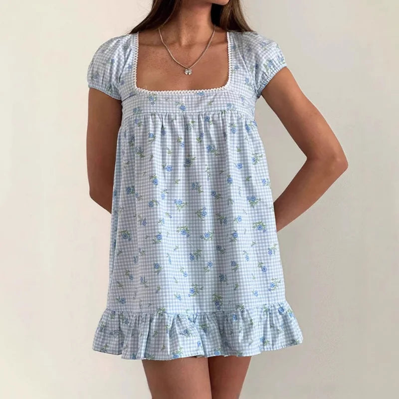 AIERTU  -  Summer Fashion Floral Print Puff Sleeves Square Collar Casual Dress for Women Aiertu