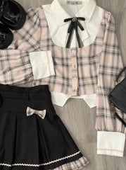 Aiertu Sweet College Plaid Patchwork Shirt Pleated Skirt Two-piece Set Women Korean Fashion Bow Retro Tie Cute Temperament Autumn Suit Aiertu