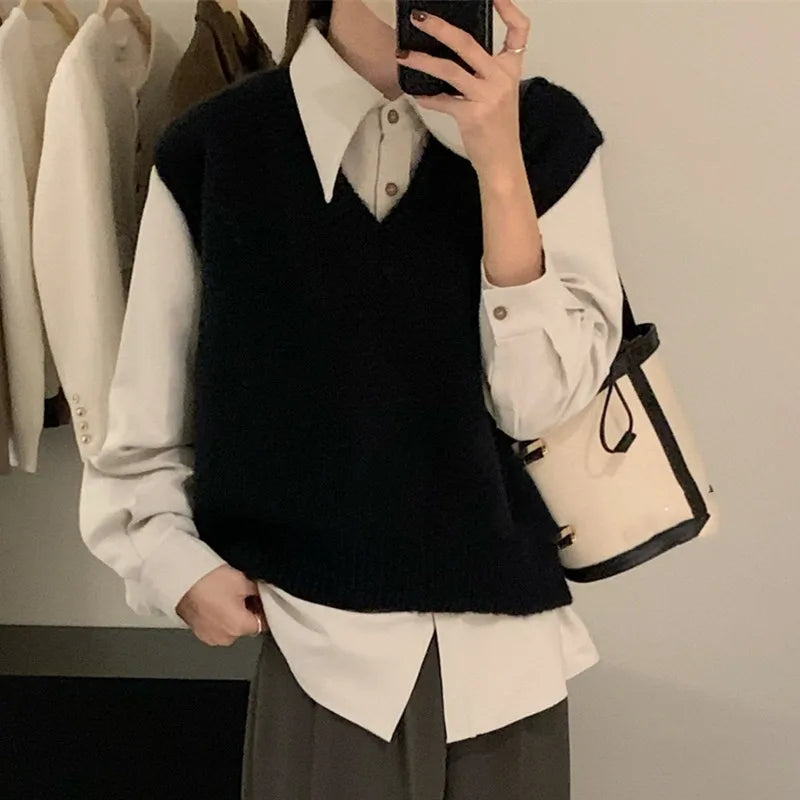 Aiertu Women Vintage Turn Down Collar Check Plaid Solid Knitting Sweater Female Casual Loose Vest Chic Pullovers Tops Aiertu