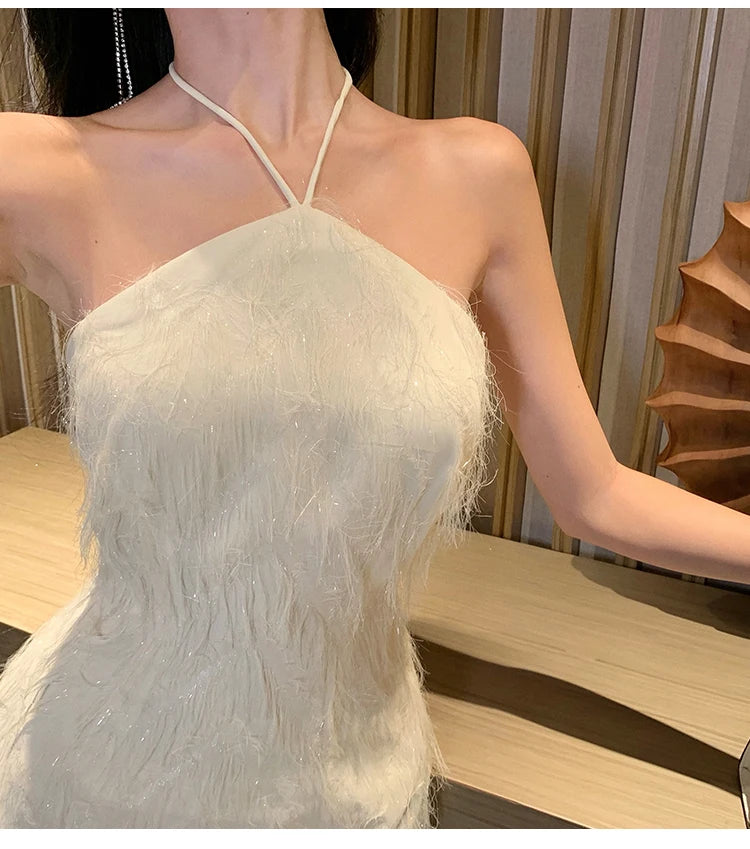 Aiertu White Halter Tassel Bandage Dress Women Summer Backless Sexy Club Dress Luxury Elegant Temperament Party Evening Dresses Aiertu