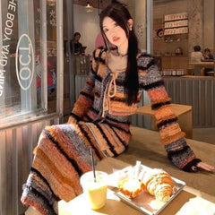 Vintage Striped Gradient Knit Women Set Short Sweater Cardigan Tops Slim Sexy Long Dresses Suit Autumn Winter High Street Outfit Aiertu