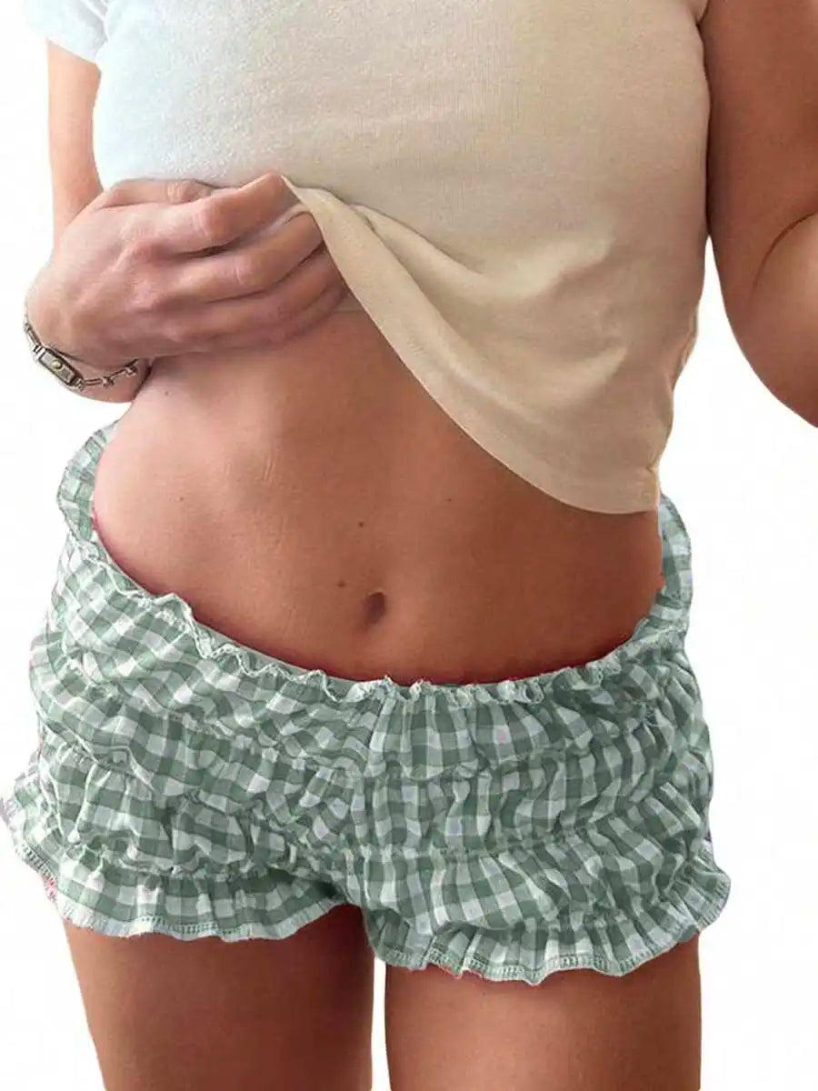 AIERTU  -  Women Plaid Ruffled Boxer Shorts Elastic Waist Loose Fit Summer Beach Shorts Aiertu