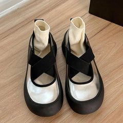 AIERTU  -  Women Mary Jane Shoes Retro Round Toe Cross Strap Chunky Casual Height Increase Shoes Fashion Shallow Versatile Ballet Flats