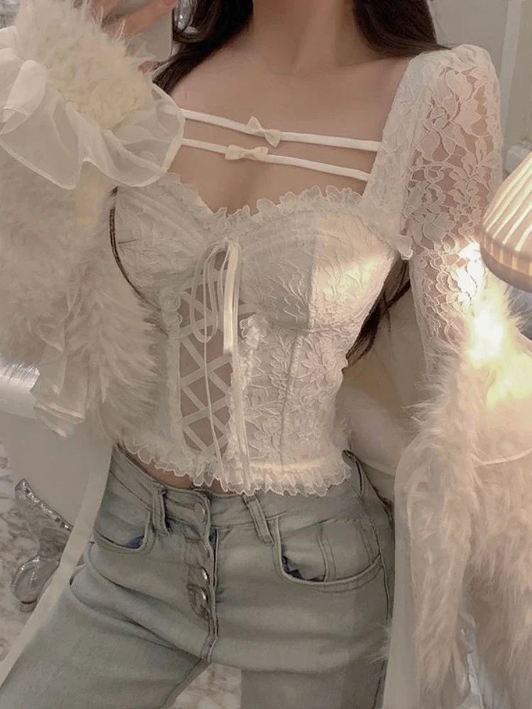 Aiertu 2024 Spring Sexy Bodycon White Blouse Women Slim Korean Fashion Y2k Crop Tops Basic Casual Vintage Lace Pullover Long Sleeve Aiertu