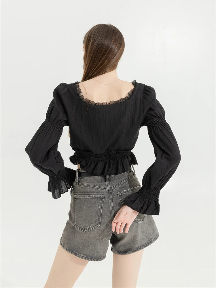 Aiertu French Pleated Lantern Long Sleeve Shirt For Women's 2022 Spring And Autumn New Vintage White Square Collar Blouse Tops Female Aiertu
