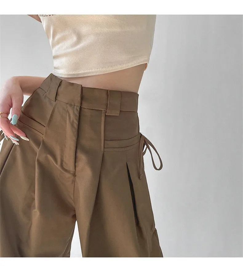 Aiertu Summer Japan Casual Style Solid Color High Waist Wide Leg Suit Pants Women's Fashion Loose Lace-up Full Length Trousers Aiertu