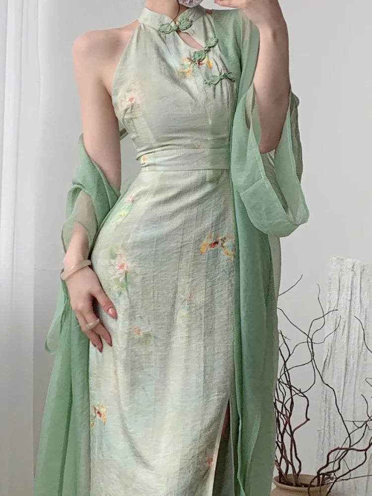 Aiertu Print French Vintage Two Piece Set Women Elegant Sweet Party Long Dress Suit Female Causal Cardigan + Korean Fashion Dress Aiertu