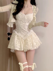 Aiertu Lace France Elegant Two Peice Set Women Bow Korean Fashion Mini Dress Suit Female Long Sleeve Cardigan + Vintage Dress Aiertu