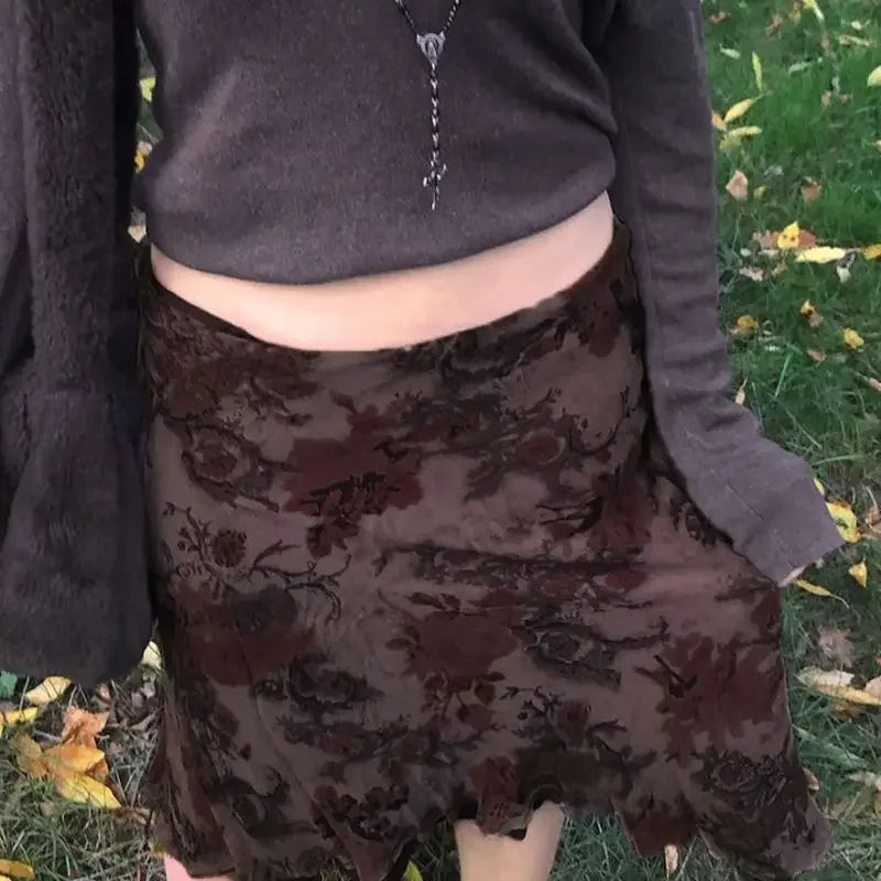 Aiertu Harajuku Vintage Long Skirts Women Floral Print Gothic Retro Skirts Grunge Aesthetic Streetwear Punk A Line Midi Skirt Aiertu