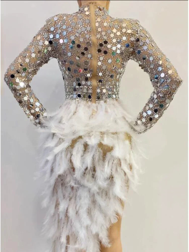 Aiertu Women Birthday Celebrate Wedding Bar Latin Dresses Dance Dress Sparkly Silver Sequins Feather Dress Aiertu
