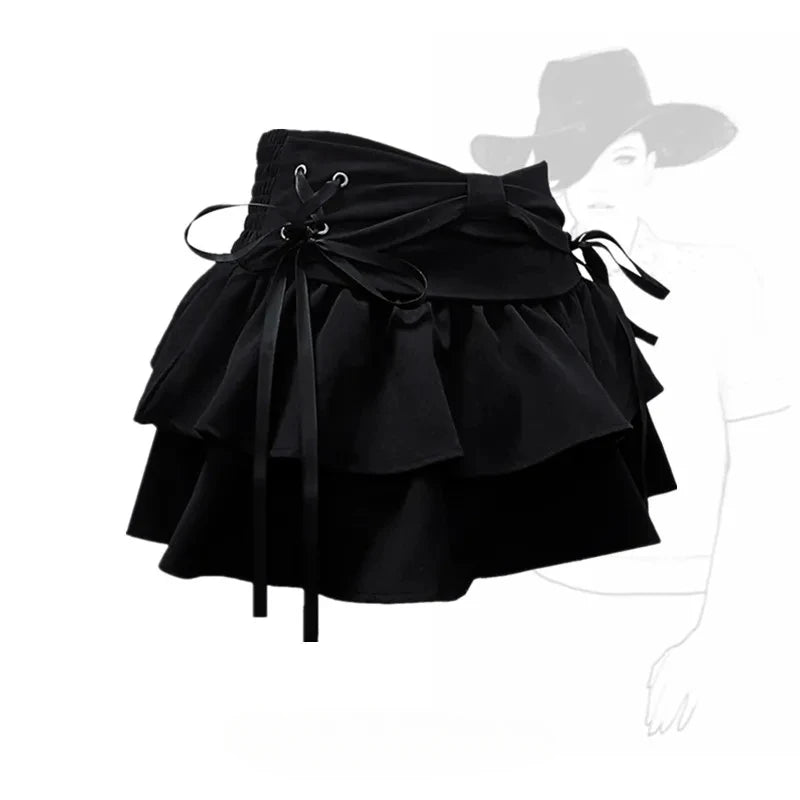Aiertu Coquette Kawaii Cute Black Bandage Mini Skirt Y2k Sweet Girl Preppy Style Ruffles Pleated Korean Fashion Kpop 2024 Fashion Aiertu