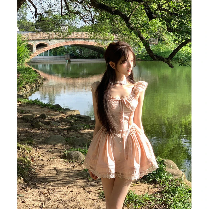 AIERTU  -  Kawaii Pink Mini Dress Women Party Cutecore Lace Patchwork Dresses Summer Japanese Fashion Flying Sleeve Bodycon A Line Vestidos Aiertu