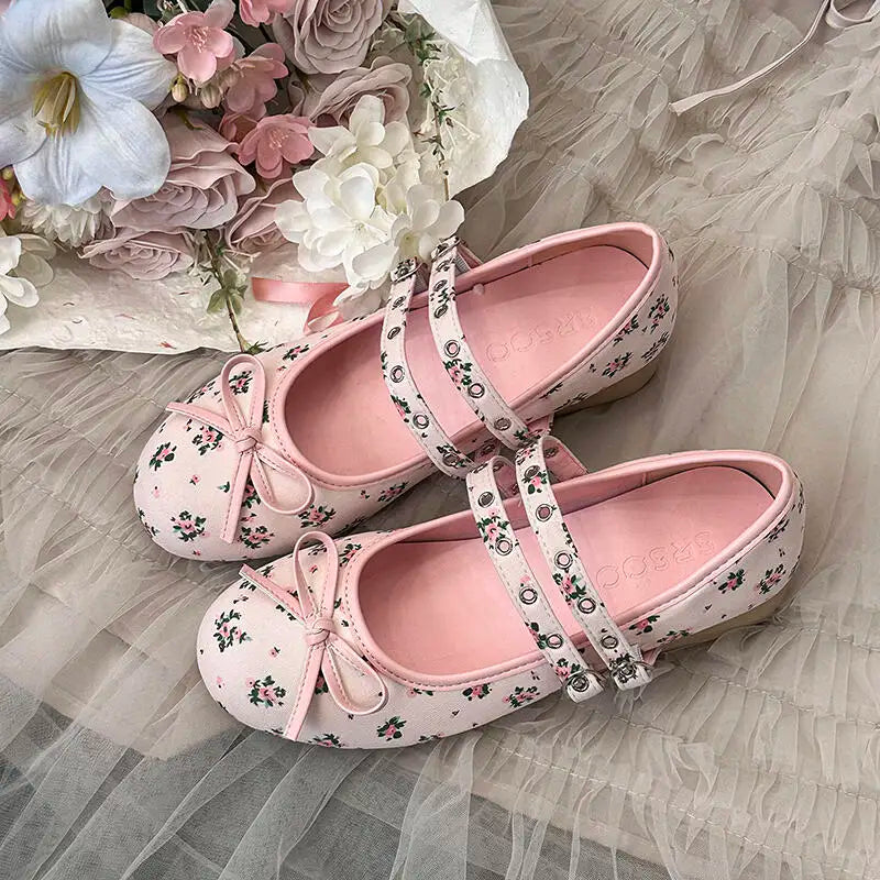 AIERTU  -  Pink Floral Pattern Low Heel Mary Jane Shoes Women Summer Comfort Silver Bowknot Ballet Flats Woman's Lolita Shoes Aiertu