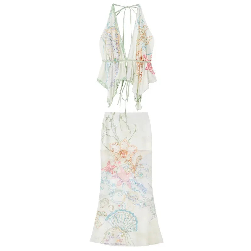 AIERTU  -  Floral Plant Printed Bikini Set Women's Slim-fit Fashion Lace Up Sexy Perspective Backless Holiday Beach Dopamine Style Dress Aiertu
