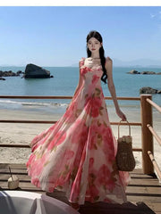 Aiertu Women Pink Floral Ruffles Slip Dress Summer Printed Festival Long Dresses Backless Slim Elegant Evening Party Sundress Boho Aiertu