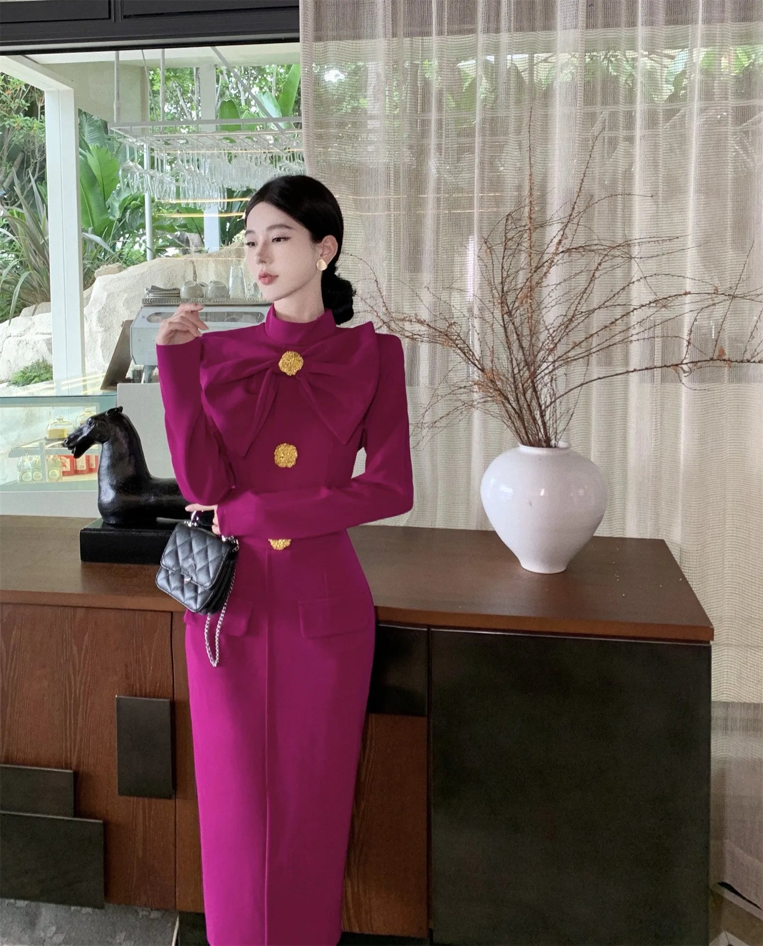 Aiertu Korea Retro Elegant Bow Stand Collar Single Breasted Dress A-line Long Sleeve Casual High Waist Dress Women Spring Autumn Dress Aiertu