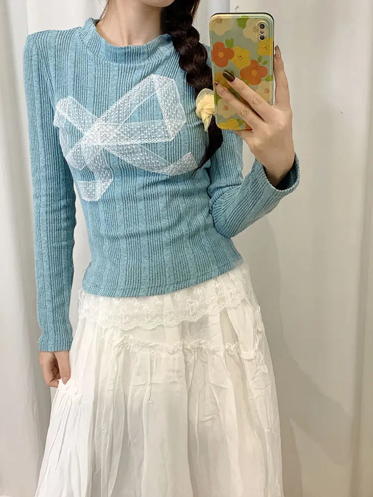 Aiertu Korean Style Y2k Knitted Pullover Women Bow Lace Long Sleeve Sweaters Harajuku Vintage Patchwork Knitwear Pullovers Aiertu