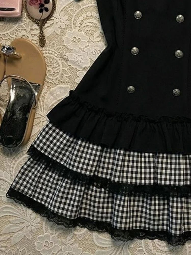 AIERTU  -  Summer Gothic Dark Plaid Design Sweet Cool Lace Splicing Grid Short Sleeve Pleate Dresses Women Y2k Trendy Double-Breasted Dress Aiertu