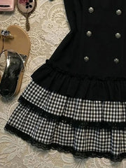 AIERTU  -  Summer Gothic Dark Plaid Design Sweet Cool Lace Splicing Grid Short Sleeve Pleate Dresses Women Y2k Trendy Double-Breasted Dress Aiertu