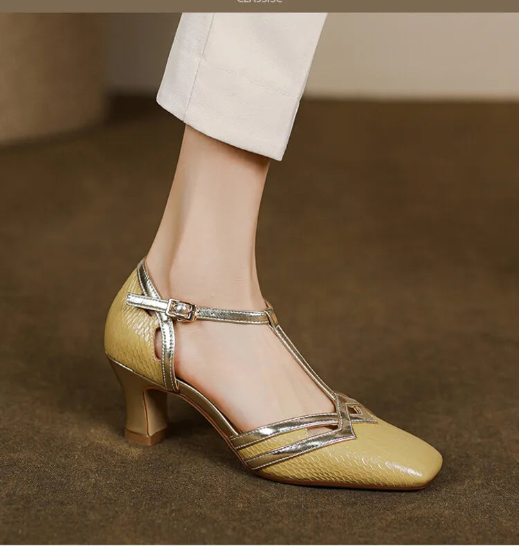 Aiertu Summer Sandals Women Square Toe Chunky Heel Women Shoes Genuine Leather Shoes Retro High Heel Designer Sandals Aiertu