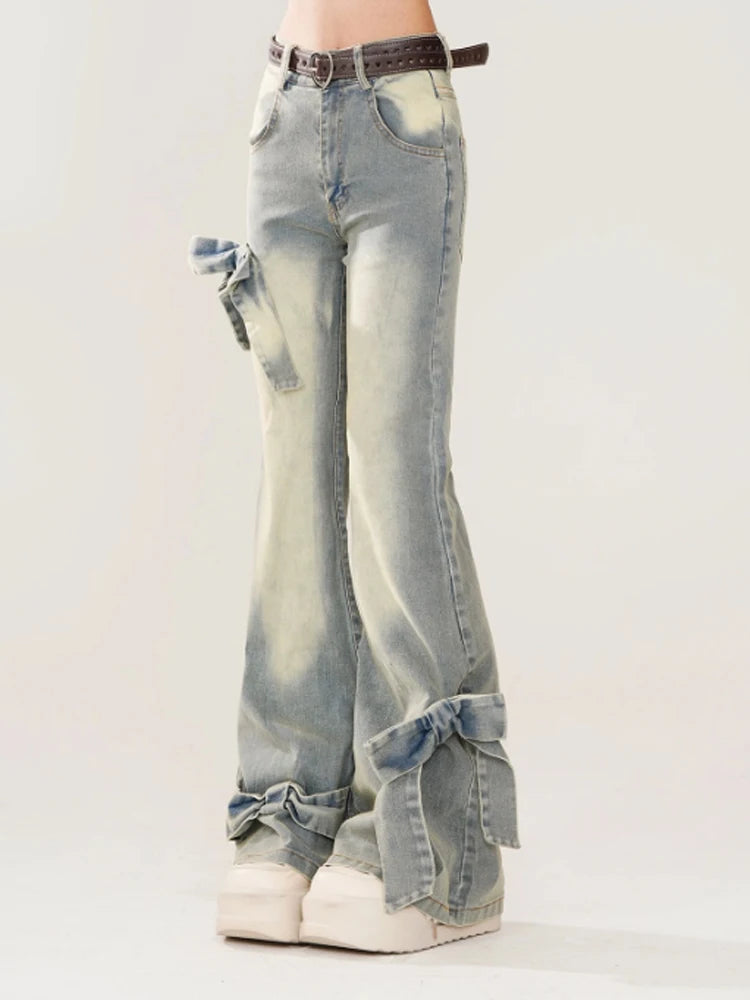 Aiertu Women's Blue Bow Flare Jeans Harajuku 90s Aesthetic Streetwear Baggy Denim Trousers Y2k Jean Pants Vintage 2000s Trashy Clothes Aiertu