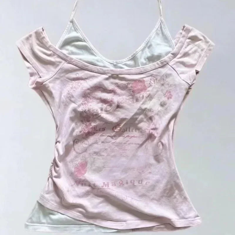 Aiertu Summer Fake Two Pieces Halter Bandage Vintage T-shirts Y2k Aesthetic Slim Crop Tops Women Grunge Print Harajuku Casual Sexy Tee Aiertu