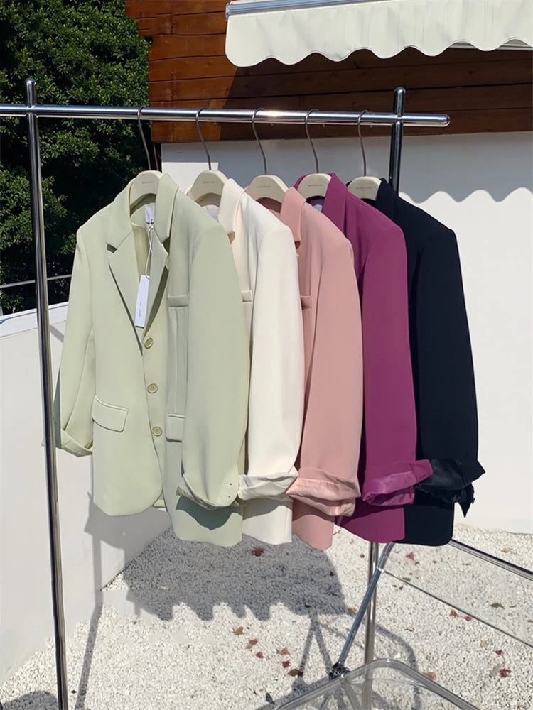 Aiertu Office Ladies Blazer Jacket Women Turn Down Collar Single Breasted Korean Casual White Vintage Outerwear Stylish Tops Aiertu